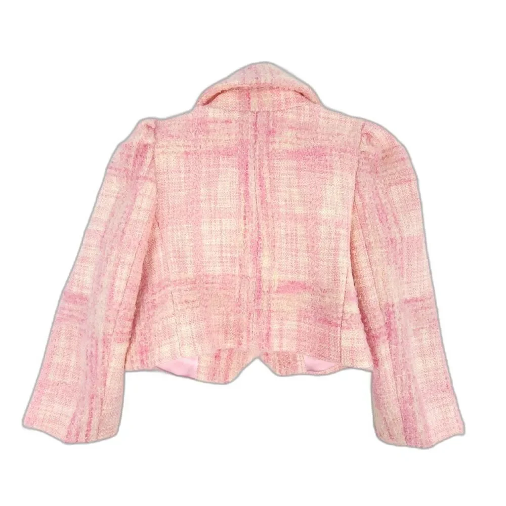 NEW LoveShackFancy Girls Tweed Kip Blazer Jacket Wool Puff Sleeve Old Money Pink